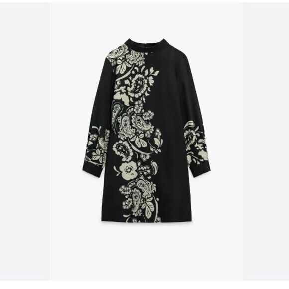 Zara Dresses & Skirts - Zara Womens Dress Short Floral Print L Black White Long Sleeve 2065/400 NWT